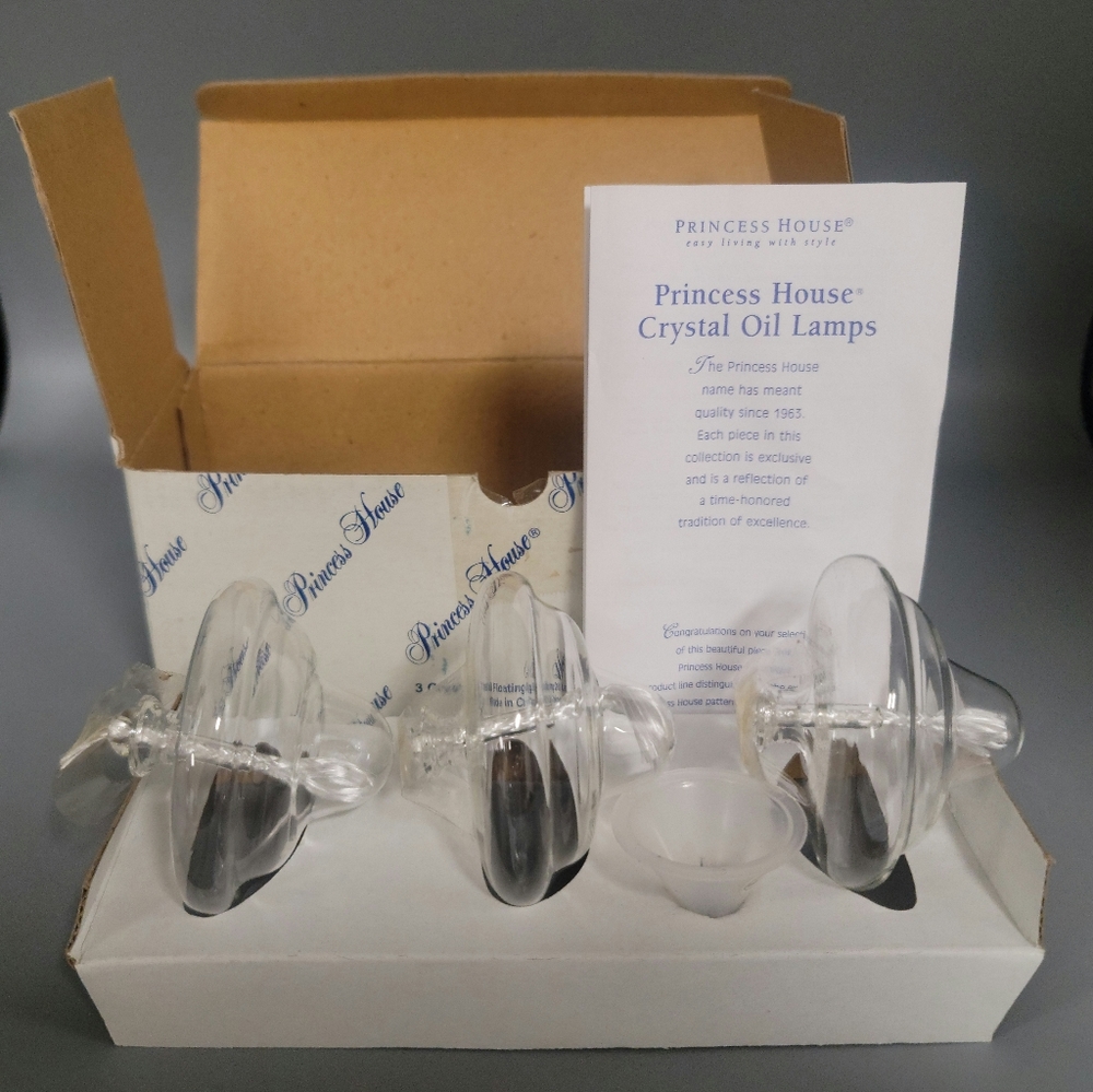 Princess House Crystal Floating Oil Lamps 3 Piece with Funnel #601 NEW